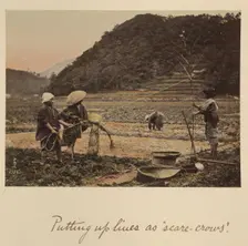Putting up lines as scare-crows, about 1873-1883. Creator: Shinichi Suzuki I