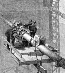 Putting wire wrapping around the suspension cables, Brooklyn Suspension Bridge, 1883
