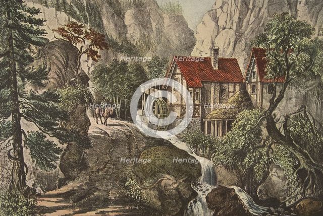 Puzzle Picture - Old Swiss Mill, pub. 1872, Currier & Ives (Colour Lithograph)