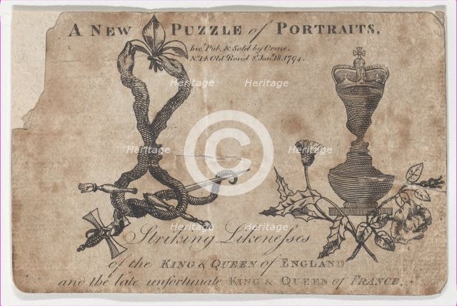 Puzzle Portraits of the Kings and Queens of England and France, 1794. Creator: Daniel Orme.