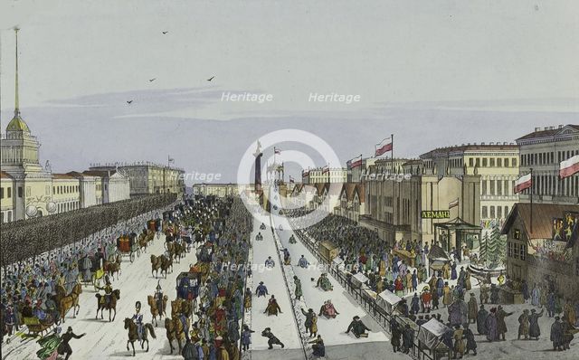 Public merry-making on the Admiralty Square in Saint Petersburg, First half of the 19th cent.. Artist: Beggrov, Karl Petrovich (1799-1875)