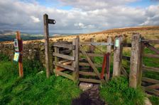 Public footpath sign and kissing gate, Longridge Fell, Lancashire. Creator: Peter Thompson