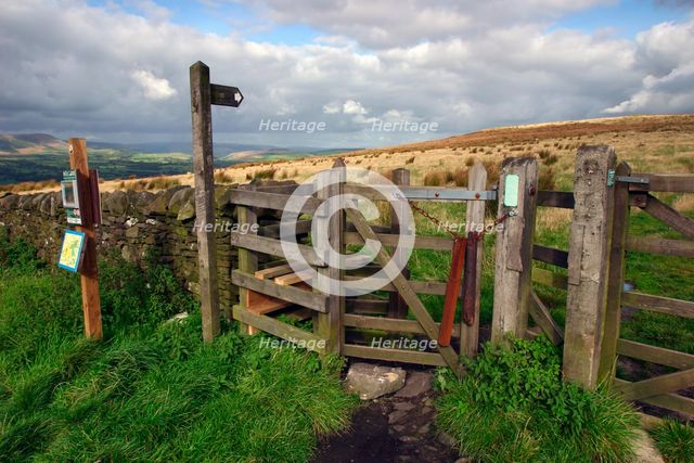 Public footpath sign and kissing gate, Longridge Fell, Lancashire. Creator: Peter Thompson.