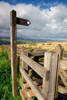Public footpath sign and kissing gate, Longridge Fell, Lancashire. Creator: Peter Thompson