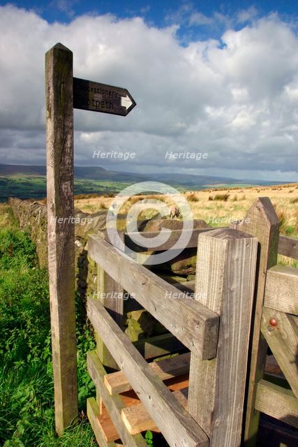 Public footpath sign and kissing gate, Longridge Fell, Lancashire. Creator: Peter Thompson.