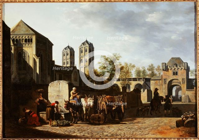 Public fountain and St. Gereon's Church in Cologne, c.1670. Creator: Gerrit Berckheyde.