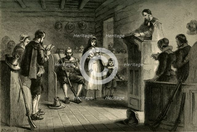 'Public Worship at Plymouth by the Pilgrims', (1877). Creator: Albert Bobbett.