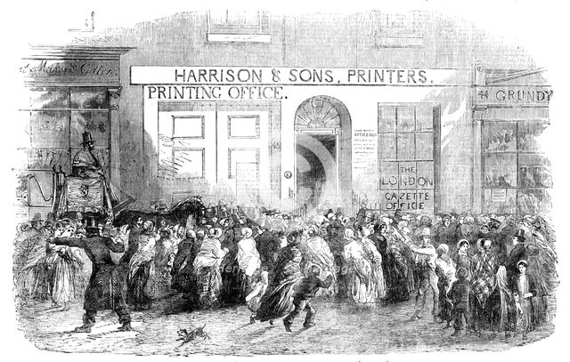 Publication of a War "Gazette" Extraordinary, at the office, St. Martin's Lane, 1854. Creator: Unknown.