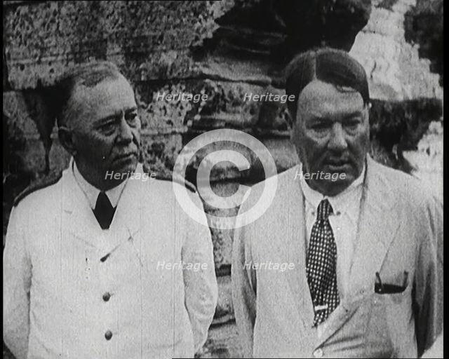 Publisher Alfred Harmsworth, 1st Viscount Northcliffe, Talking to Another Man by a Ruin, 1922. Creator: British Pathe Ltd.