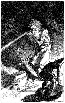 Puck helping Wayland, Smith of the Gods, to forge a sword, 1909