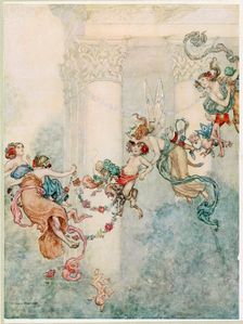 Puck: She never had so sweet a changeling, from A Midsummer Nights Dream, pub. 1914. Creator: Wiliam Heath Robinson (1872 - 1944)