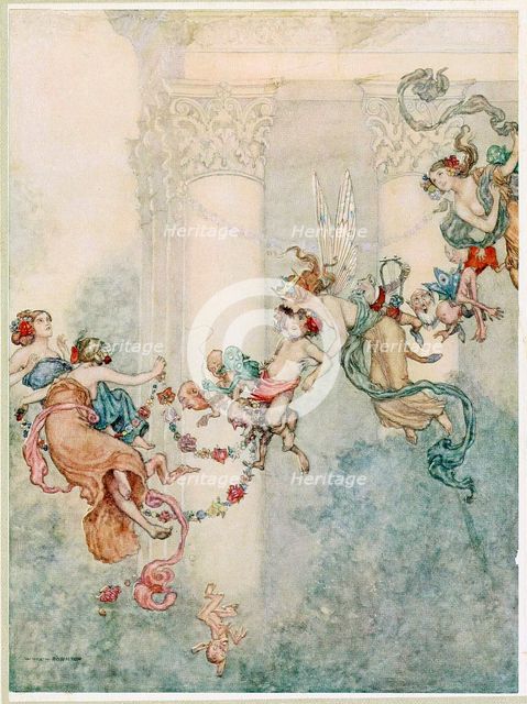 Puck: She never had so sweet a changeling, from A Midsummer Nights Dream, pub. 1914. Creator: Wiliam Heath Robinson (1872 - 1944).