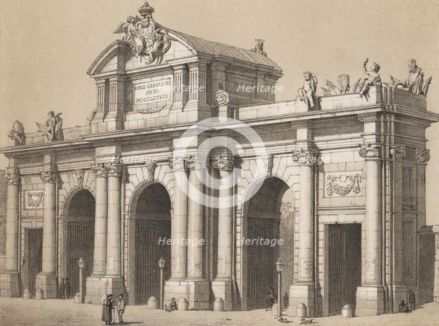 Puerta de Alcala in Madrid, built by order of King Charles III, first opened in 1778, engraving 1…