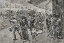 "Puerta del Sol" (Gate of the Sun), Madrid, 1878. People walking surprised by the wind. Creator: Enrique Alba