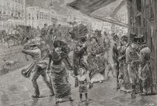 "Puerta del Sol" (Gate of the Sun), Madrid, 1878. People walking surprised by the wind. Creator: Enrique Alba