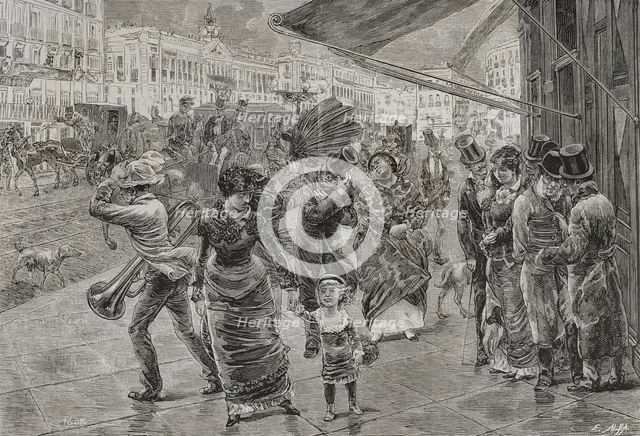 "Puerta del Sol" (Gate of the Sun), Madrid, 1878. People walking surprised by the wind.  Creator: Enrique Alba.