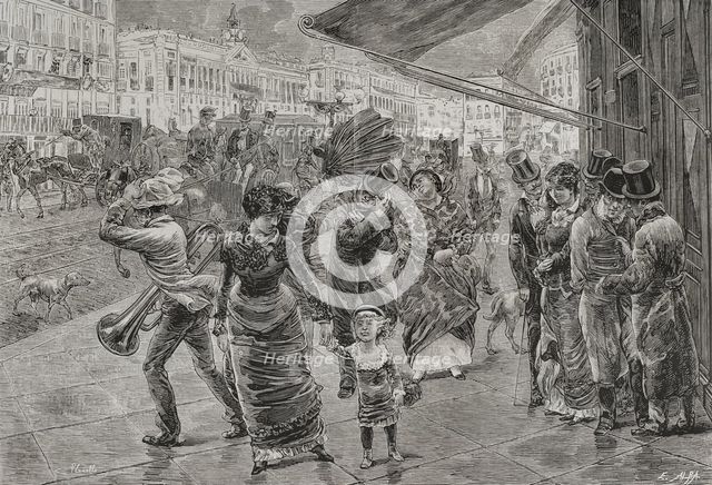 "Puerta del Sol" (Gate of the Sun), Madrid, 1878. People walking surprised by the wind.  Creator: Enrique Alba.