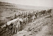 Pulling a big gun with a twelve horse team and the help of the gun crew, France, World War I, 1916