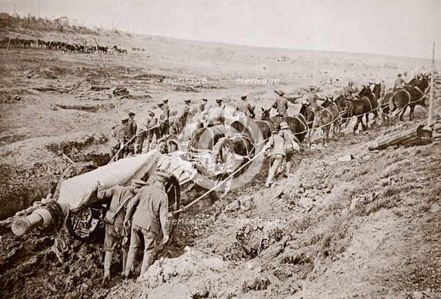 Pulling a big gun with a twelve horse team and the help of the gun crew, France, World War I, 1916. Artist: Unknown