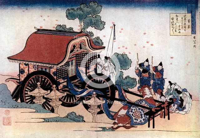 Pulling a three-wheeled carriage, Japanese woodcut, c1780-1849.Artist: Hokusai