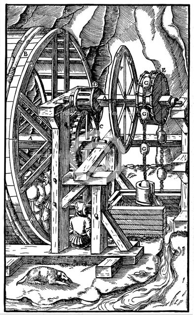 Pump powered by men in a treadmill, 1556. Artist: Unknown