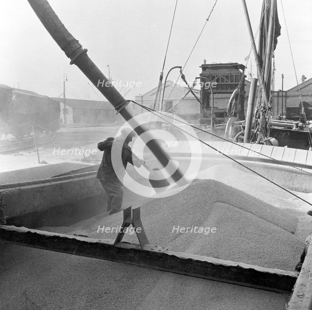 Pumping grain into barges, Millwall, London, 1953. Creator: Henry Grant.