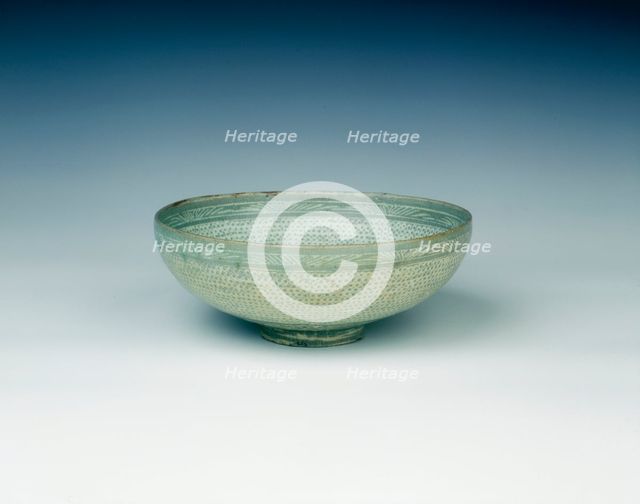 Punch'ong celadon bowl with stamped decoration, Choson dynasty, Korea, 15th century. Creator: Unknown.
