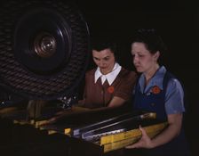 Punching rivet holes in a frame member for a B-25 bomber...North American Aviation, Inc., CA, 1942. Creator: Alfred T Palmer