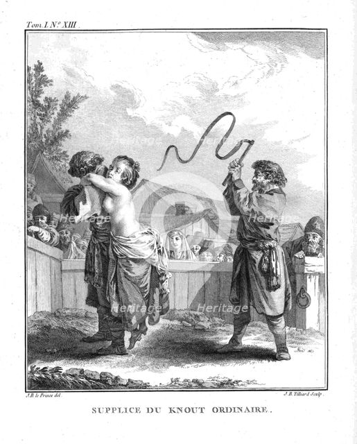 Punishment of Natalia Fyodorovna Lopukhina with an ordinary knout. From Voyage en Sibérie, 1766. Artist: Le Prince, Jean-Baptiste (1734-1781)
