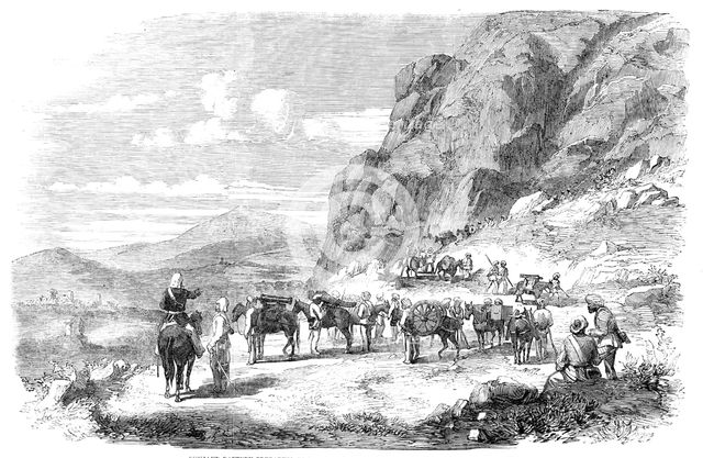 Punjaub Battery preparing to enter the Durwanzal Pass into the Koorum Valley, 1857. Creator: Unknown.
