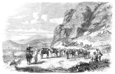 Punjaub Battery preparing to enter the Durwanzal Pass into the Koorum Valley, 1857. Creator: Unknown