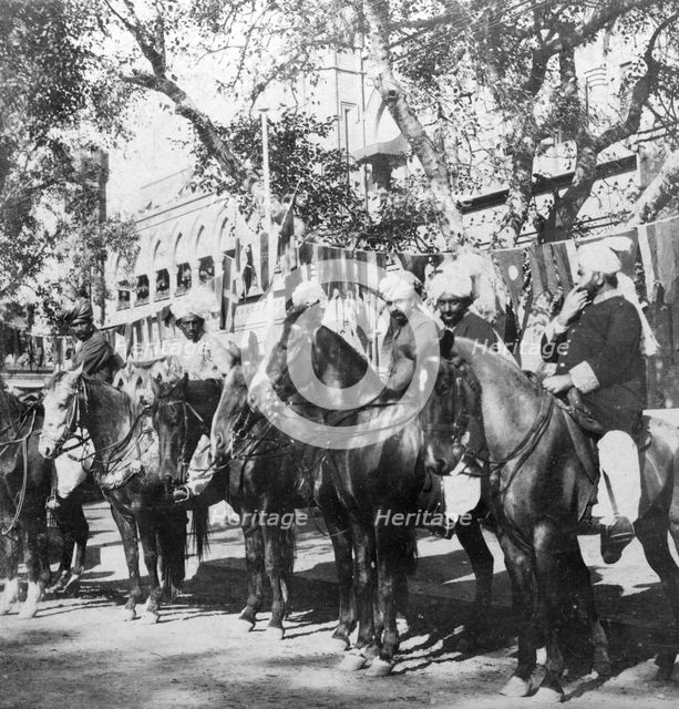 Punjabi horsemen outside the railway station at Delhi, India, 1900s.Artist: H Hands & Son