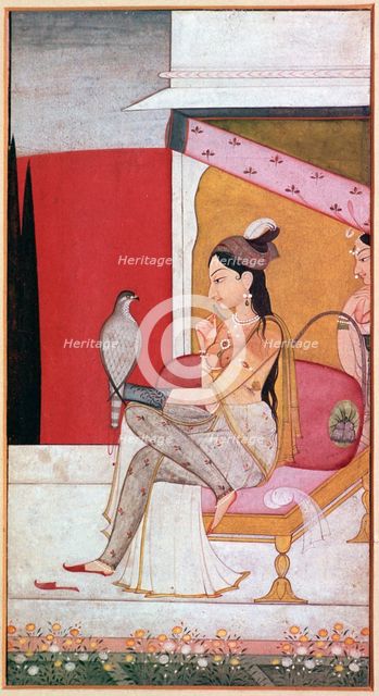 Punjabi illustration of a lady with a hawk. Creator: Unknown.