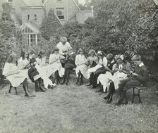 Pupils in the garden doing needlework, Birley House Open Air School, Forest Hill, London, 1908