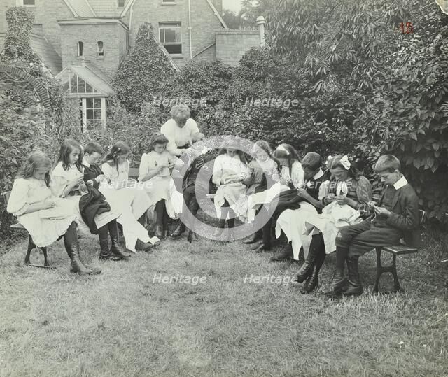 Pupils in the garden doing needlework, Birley House Open Air School, Forest Hill, London, 1908. Artist: Unknown.