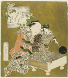 Puppeteer holding puppet on "go" board, Japan, 1820s. Creator: Hokusai