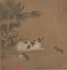 Puppies Playing beside a Palm Tree and Garden Rock, 15th century. Creator: Unknown