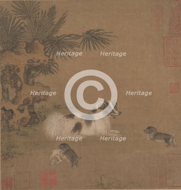 Puppies Playing beside a Palm Tree and Garden Rock, 15th century. Creator: Unknown.