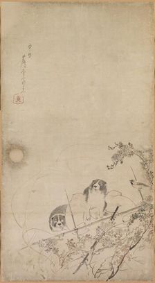 Puppies, Sparrows and Chrysanthemums, 1754-1799. Creator: Nagasawa Rosetsu (Japanese, 1754-1799)