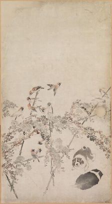 Puppies, Sparrows and Chrysanthemums, 1754-1799. Creator: Nagasawa Rosetsu (Japanese, 1754-1799)