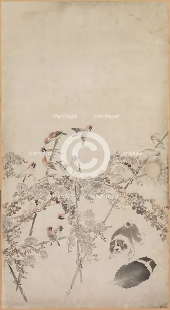 Puppies, Sparrows and Chrysanthemums, 1754-1799. Creator: Nagasawa Rosetsu (Japanese, 1754-1799).