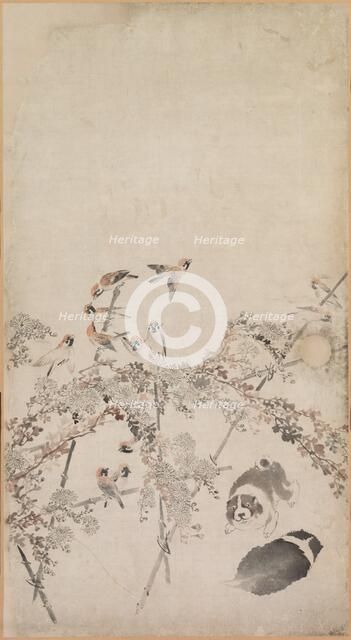 Puppies, Sparrows and Chrysanthemums, 1754-1799. Creator: Nagasawa Rosetsu (Japanese, 1754-1799).