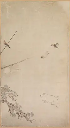 Puppies, Sparrows and Chrysanthemums, 1754-1799. Creator: Nagasawa Rosetsu (Japanese, 1754-1799)