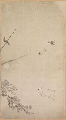 Puppies, Sparrows and Chrysanthemums, 1754-1799. Creator: Nagasawa Rosetsu (Japanese, 1754-1799)