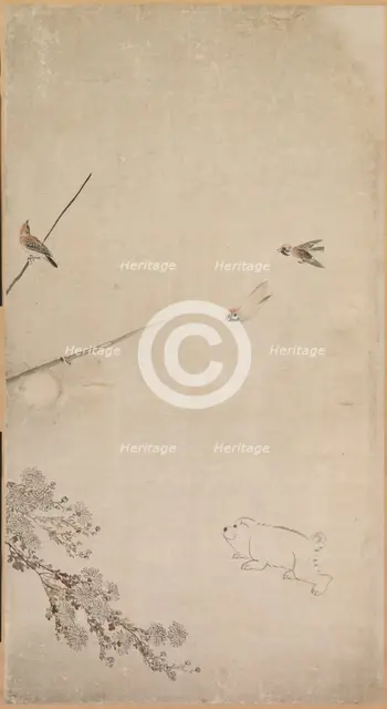 Puppies, Sparrows and Chrysanthemums, 1754-1799. Creator: Nagasawa Rosetsu (Japanese, 1754-1799).