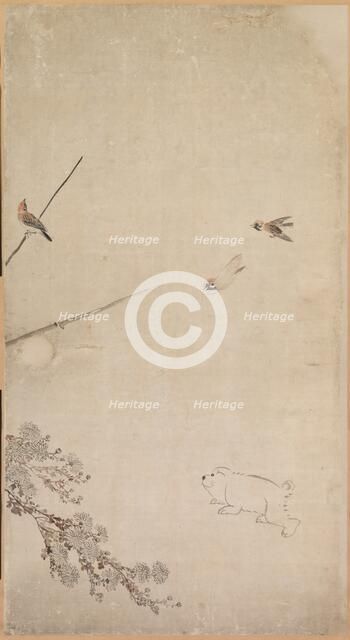 Puppies, Sparrows and Chrysanthemums, 1754-1799. Creator: Nagasawa Rosetsu (Japanese, 1754-1799).