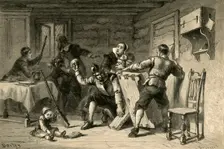 Puritans Barricading Their House Against Indians (1877). Creator: Albert Bobbett
