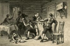 Puritans Barricading Their House Against Indians (1877). Creator: Albert Bobbett