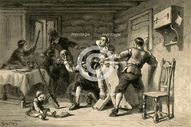 'Puritans Barricading Their House Against Indians', (1877). Creator: Albert Bobbett.