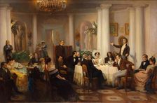 Pushkin and his friends listen to Adam Mickiewicz in the salon of Princess Zinaida Volkonskaya, 1899 Creator: Myasoedov, Grigori Grigoryevich (1834-1911)